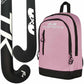 Pink backpack with black accents and hockey sticks on a white background