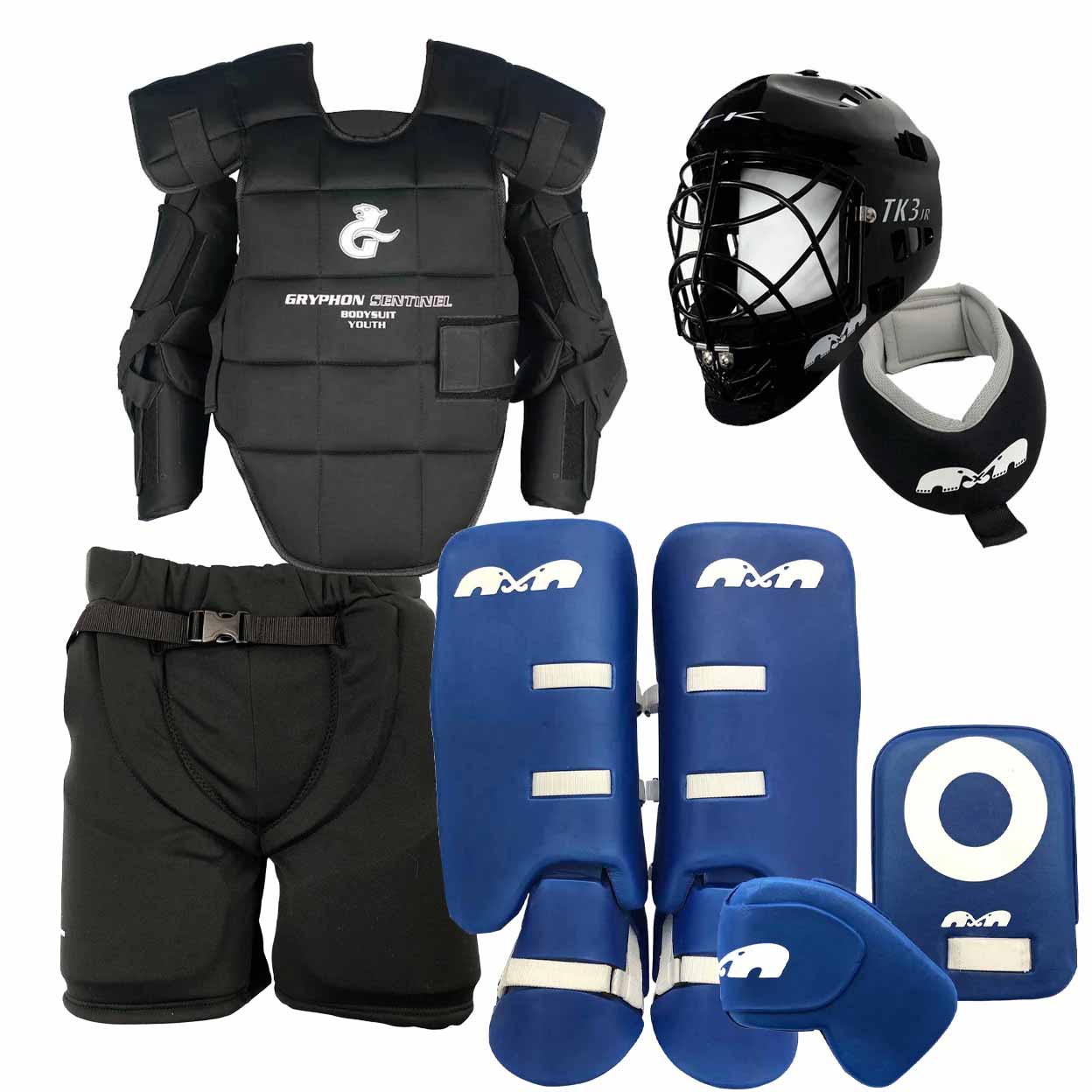 Collection of hockey protective gear including a chest protector, helmet, face guard, shorts, leg guards, and gloves on a white background.