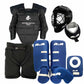Collection of hockey protective gear including a chest protector, helmet, face guard, shorts, leg guards, and gloves on a white background.