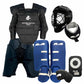 Collection of field hockey goalie protective gear, including a chest protector, helmet, shin guards, and other accessories, on a white background.