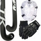Hockey equipment including sticks, helmet, and gloves with TK branding on a white background