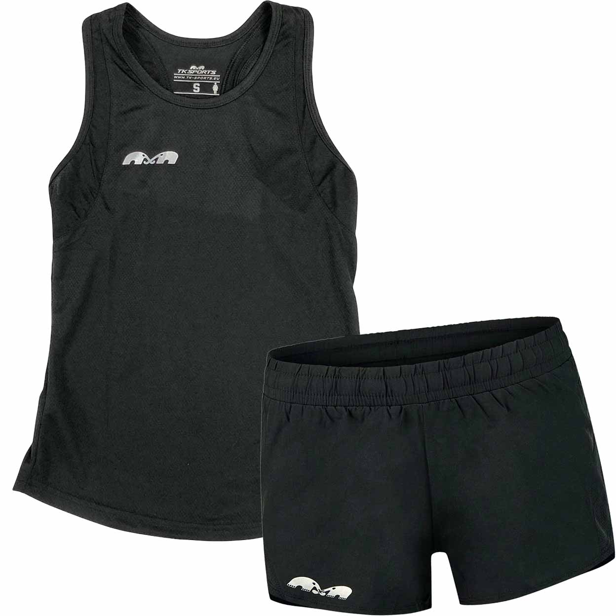 Black tank top and shorts set with a logo on a white background