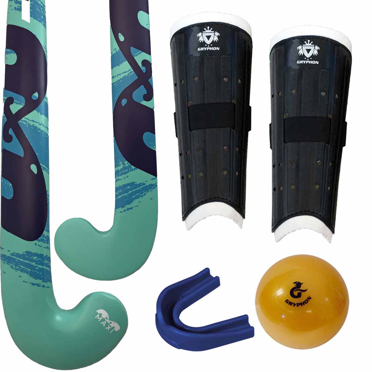 Hockey equipment including sticks, shin guards, and a ball on a white background