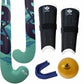 Hockey equipment including sticks, shin guards, and a ball on a white background