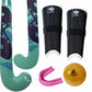 Set of hockey sticks, shin guards, a ball, and a mouthguard with a brand logo on a white background.