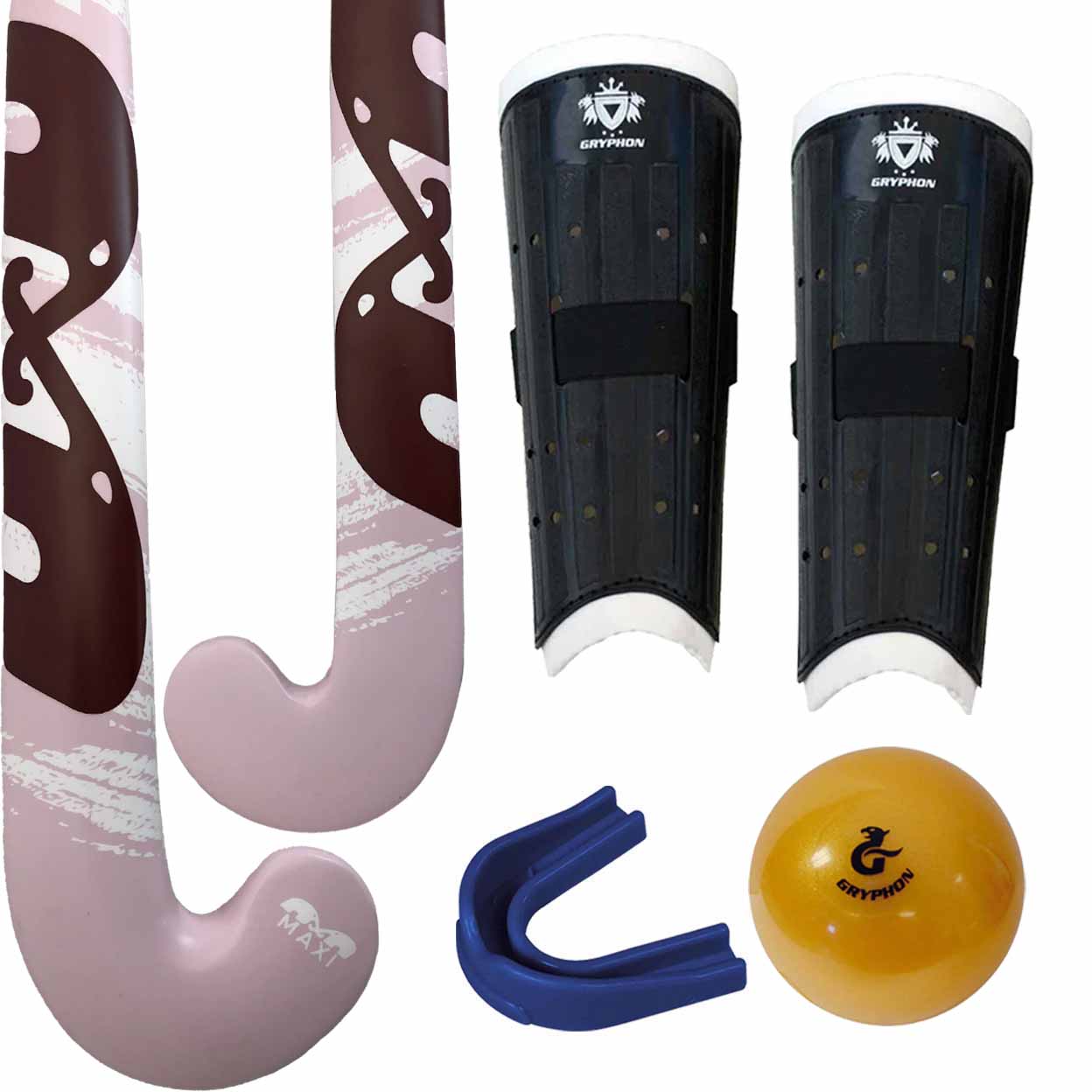 Hockey equipment including sticks, shin guards, a ball, and a mouthguard on a white background.