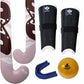 Hockey equipment including sticks, shin guards, a ball, and a mouthguard on a white background.