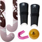 Pink hockey stick, black leg guards, yellow ball, and pink mouthguard with TK branding on a white background.
