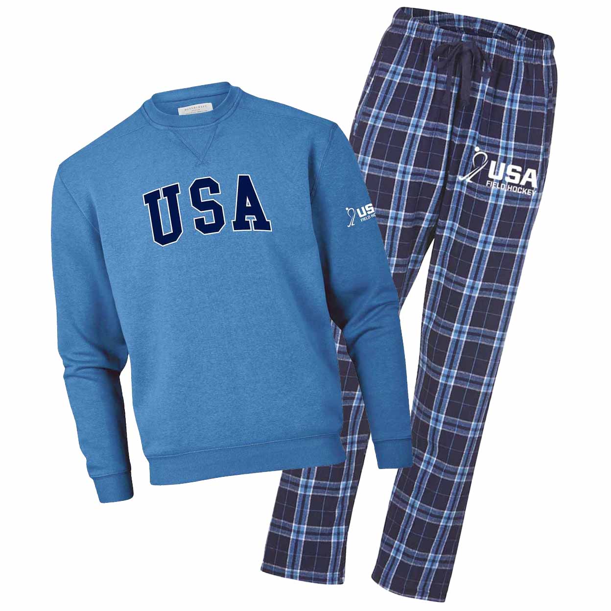 Blue 'USA' sweatshirt and plaid pants set on a white background