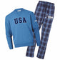 Blue 'USA' sweatshirt and plaid pants set on a white background