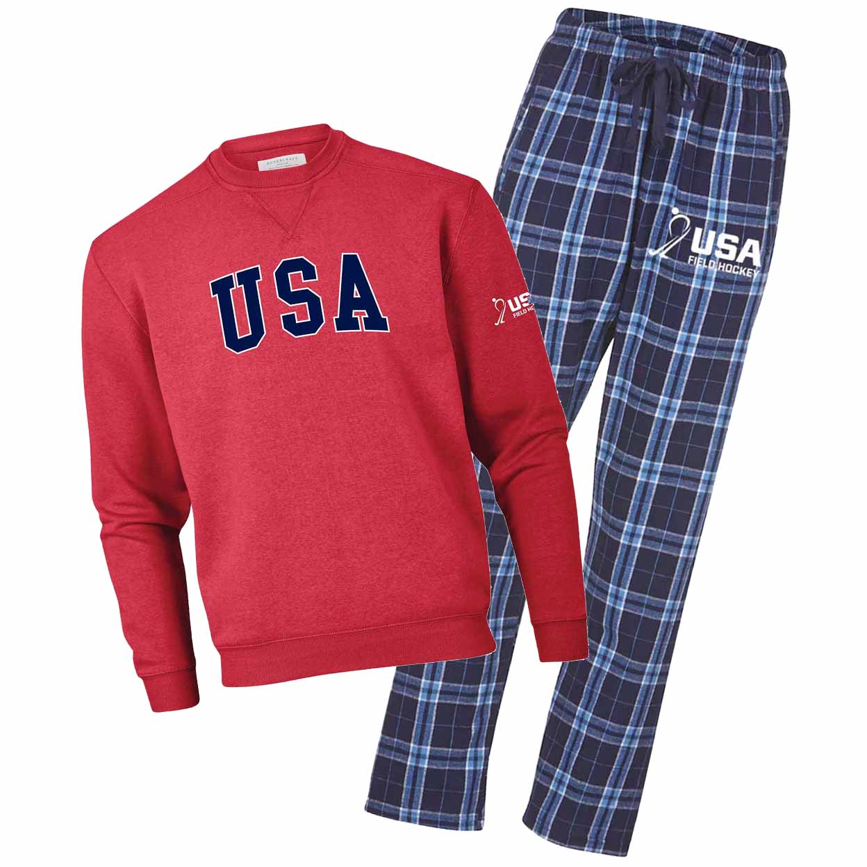 Red sweatshirt with 'USA' text and blue plaid pants on a white background