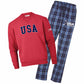 Red sweatshirt with 'USA' text and blue plaid pants on a white background