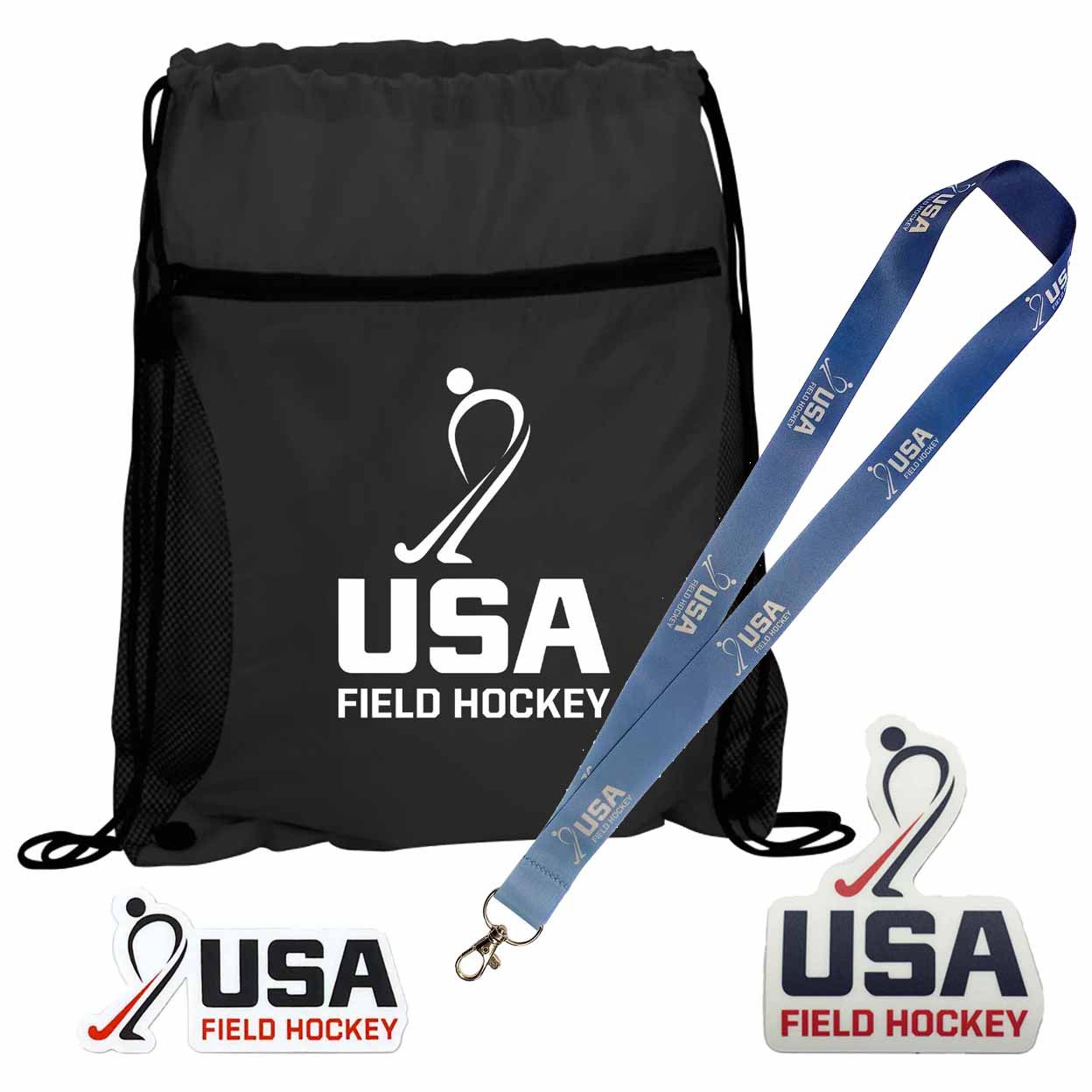 Black drawstring bag with USA Field Hockey logo, blue lanyard, and stickers on a white background