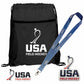 Black drawstring bag with USA Field Hockey logo, blue lanyard, and stickers on a white background