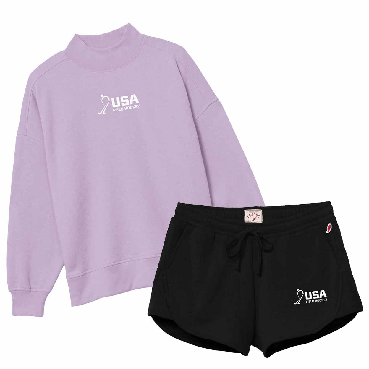 A two-piece athletic loungewear set featuring a light purple mock-neck sweatshirt and black drawstring shorts, both with USA branding.