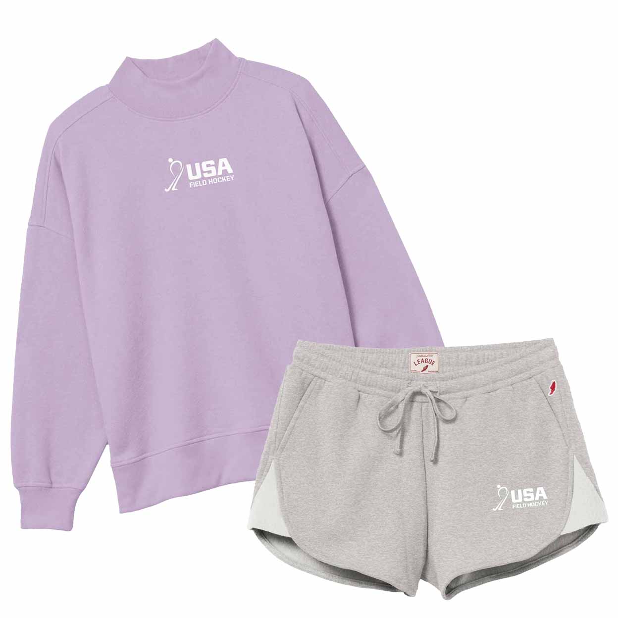 A two-piece women's loungewear set featuring a light purple mock-neck sweatshirt and heather gray drawstring shorts with white side panels and white USA graphics.