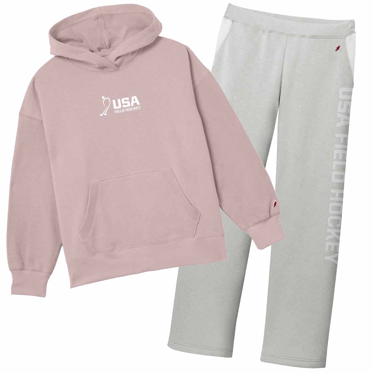 Pink hoodie and gray pants set with USA logo on a white background