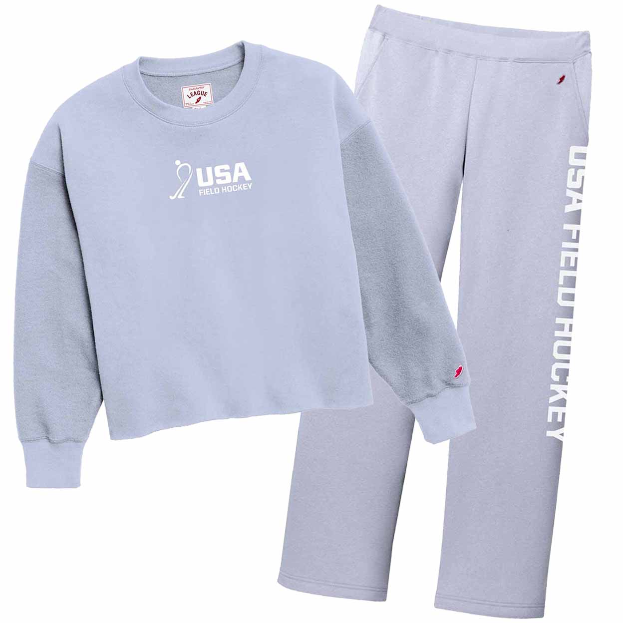 Light blue sweatshirt and pants with USA Field Hockey logo on a white background