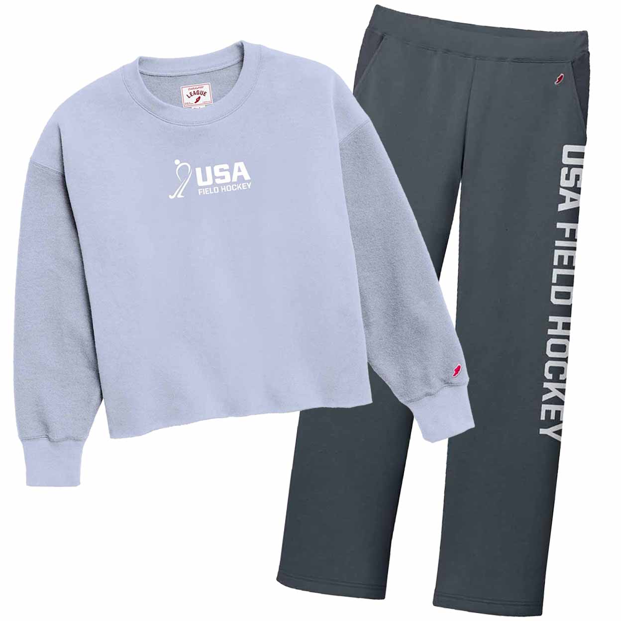 Light blue sweatshirt and navy pants with USA Field Hockey logo on a white background
