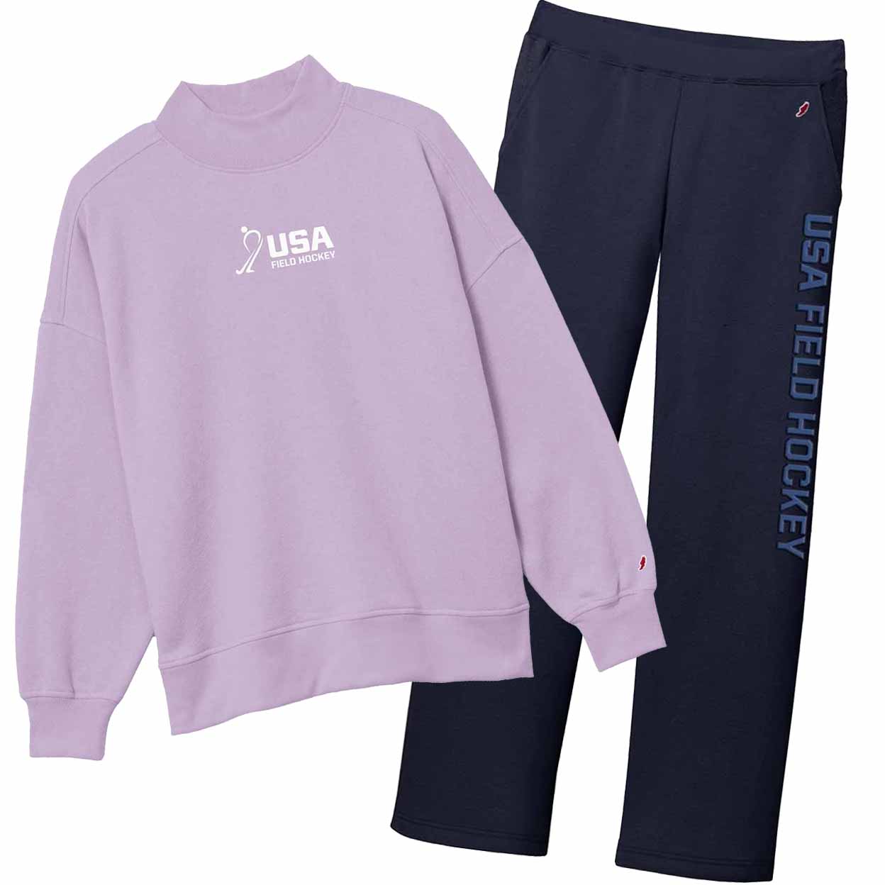 A two-piece sports outfit set featuring a light purple sweatshirt and navy blue sweatpants. The sweatshirt has a white USA Field Hockey logo on the left chest, and the sweatpants feature 'USA FIELD HOCKEY' printed vertically in light blue on the right leg.