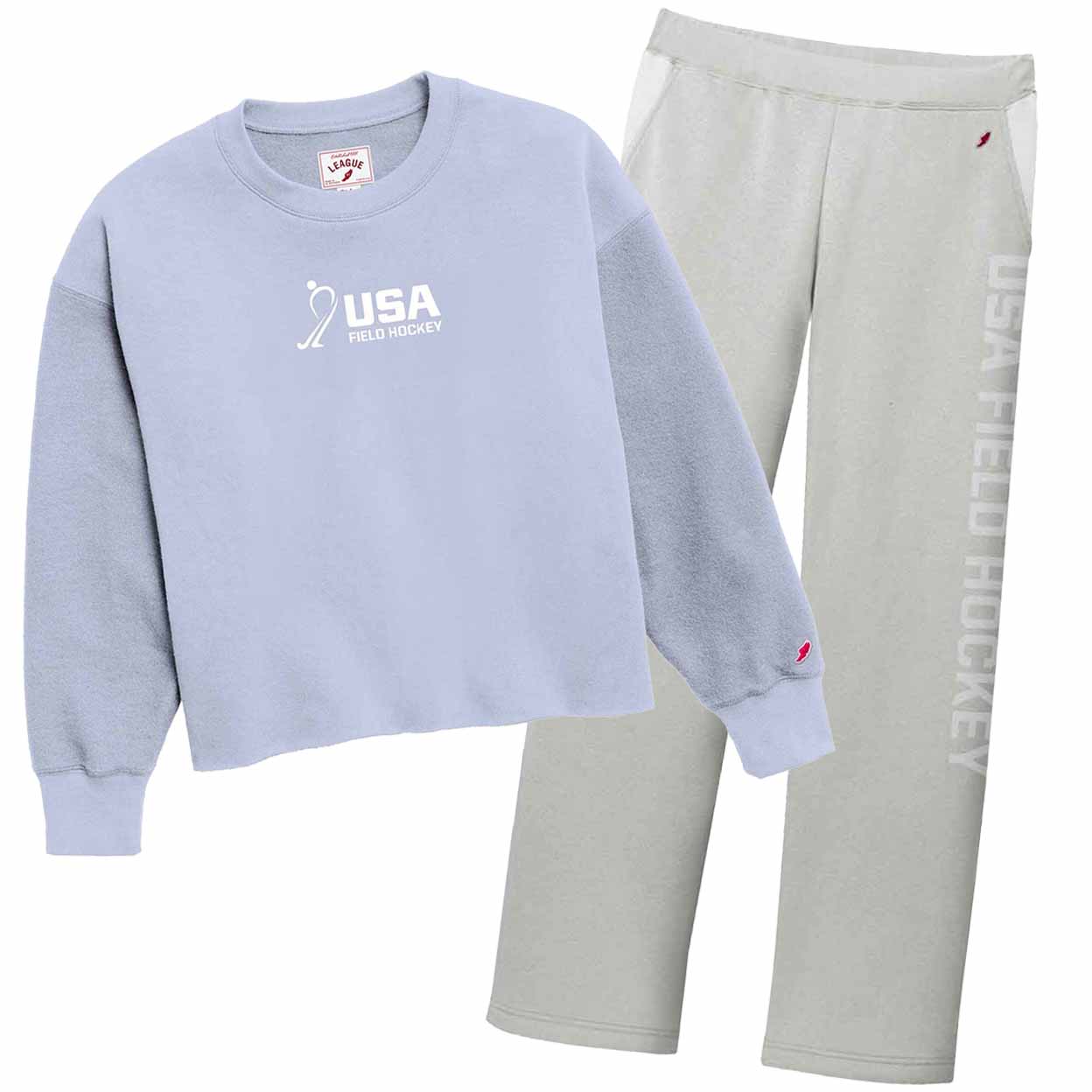 Light blue sweatshirt and off white pants with USA Field Hockey logo on a white background