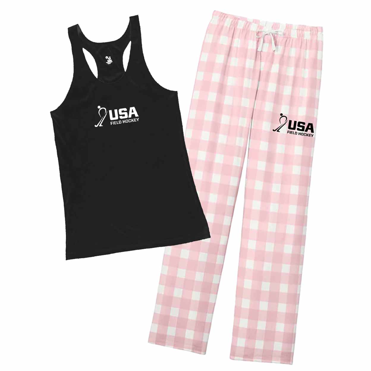 Black tank top and pink checkered pants with 'USA Field Hockey' logo on a white background