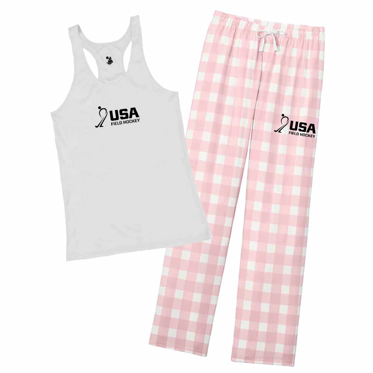 White tank top and pink checkered pants with 'USA Field Hockey' logo on a white background