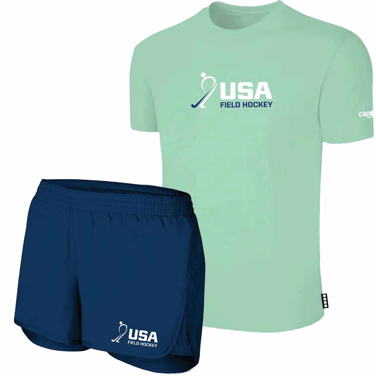 Blue shorts and green top on white background