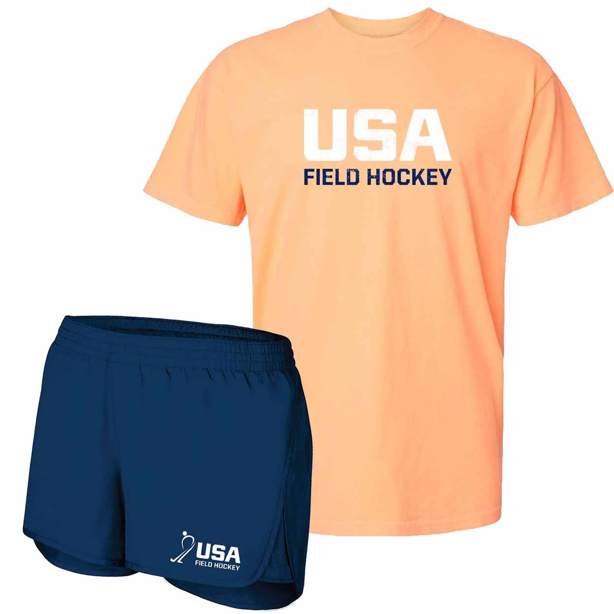 A two-piece athletic set featuring a peach-orange short-sleeve t-shirt with 'USA FIELD HOCKEY' printed in white and navy, paired with navy blue athletic shorts featuring a white USA Field Hockey logo.