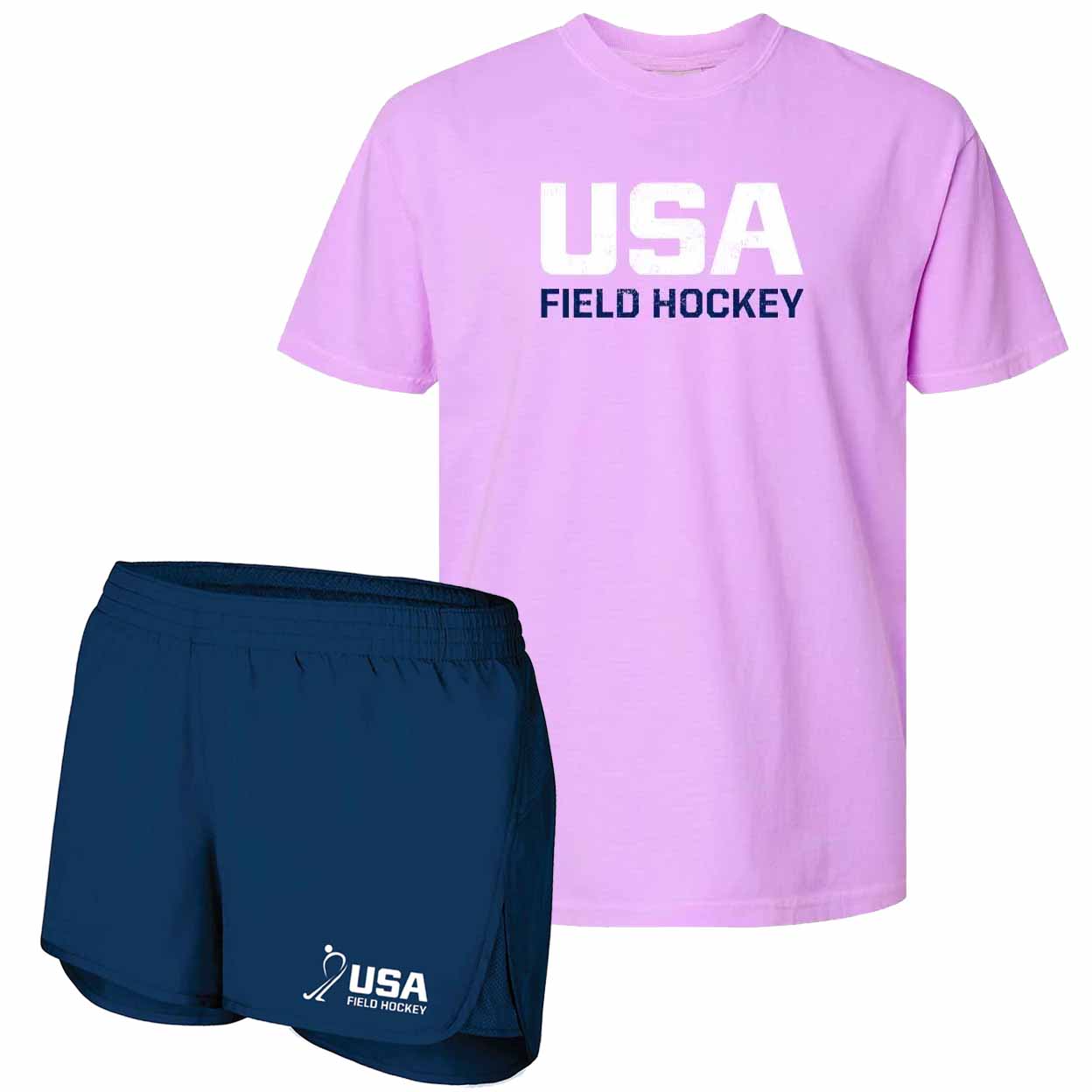 A two-piece athletic set featuring a light purple short-sleeve t-shirt with 'USA FIELD HOCKEY' printed in white and navy, paired with navy blue athletic shorts with a white USA Field Hockey logo.