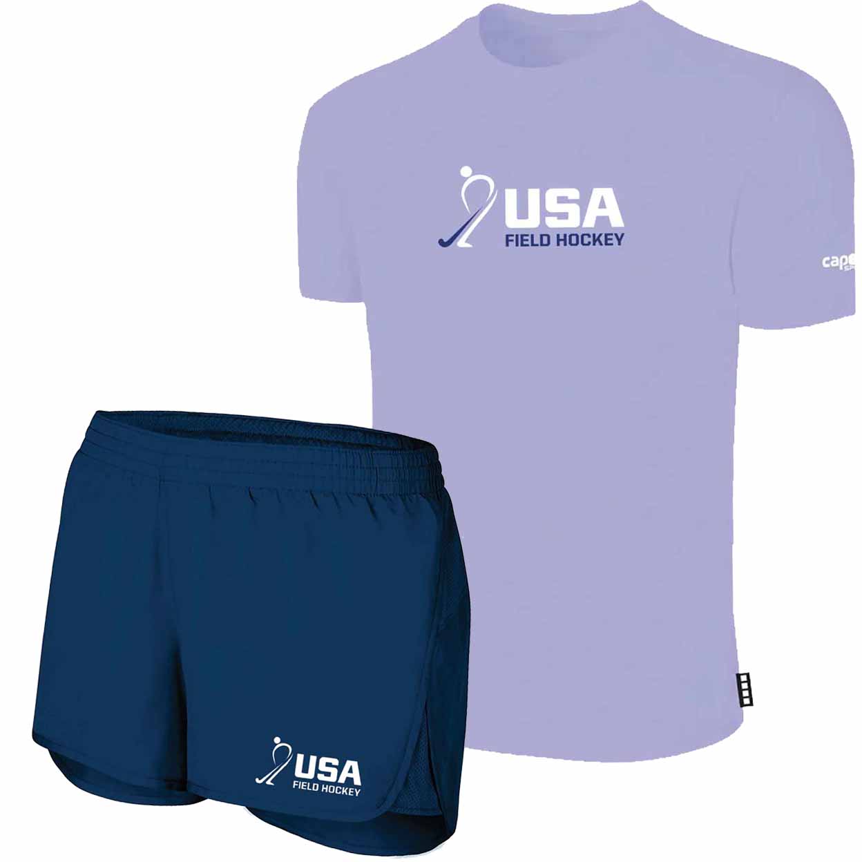Blue shorts and purple top on white background