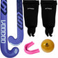 Hockey stick, shin guards, mouthguard, and ball with 'Gryphon' branding on a white background