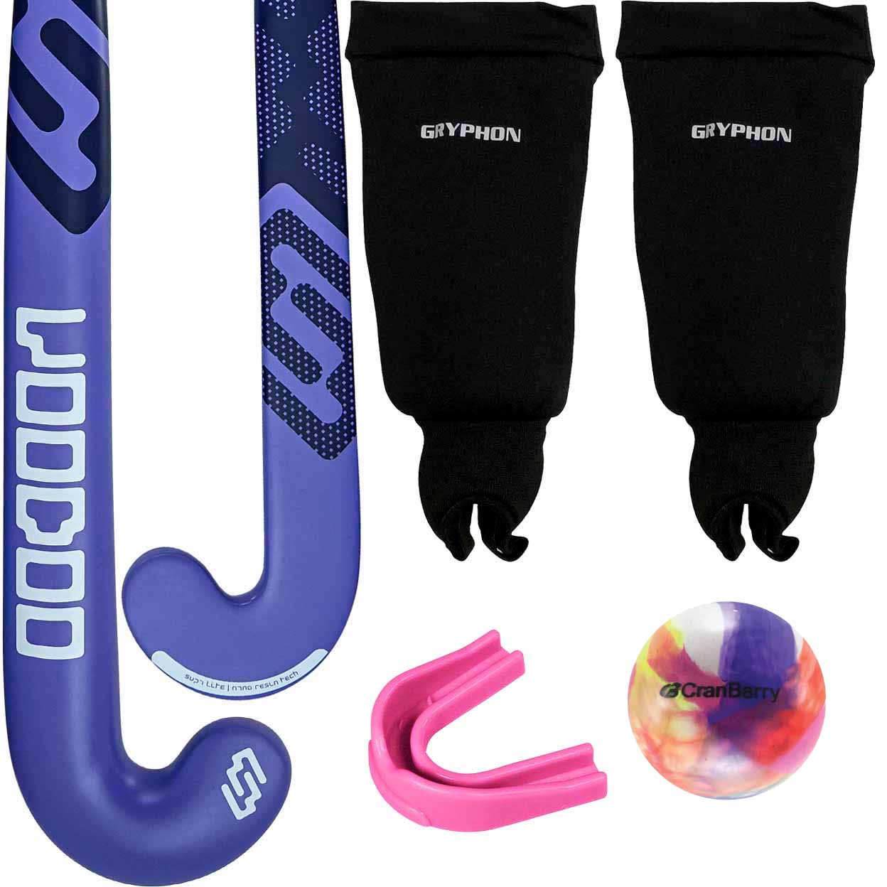 Hockey stick, shin guards, mouthguard, and ball on a white background