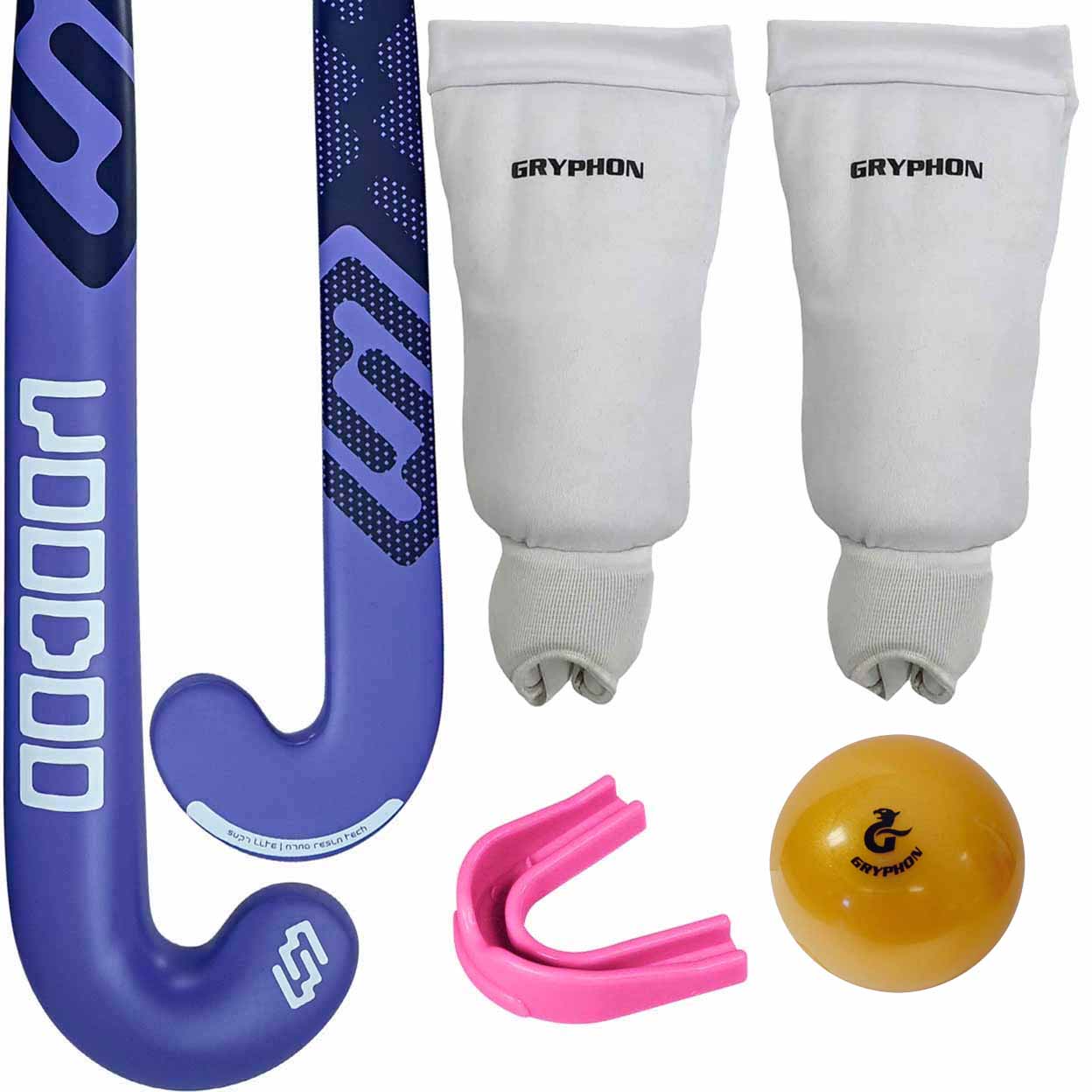 Hockey stick, leg guards, mouthguard, and ball with Gryphon branding on a white background