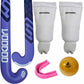 Hockey stick, leg guards, mouthguard, and ball with Gryphon branding on a white background