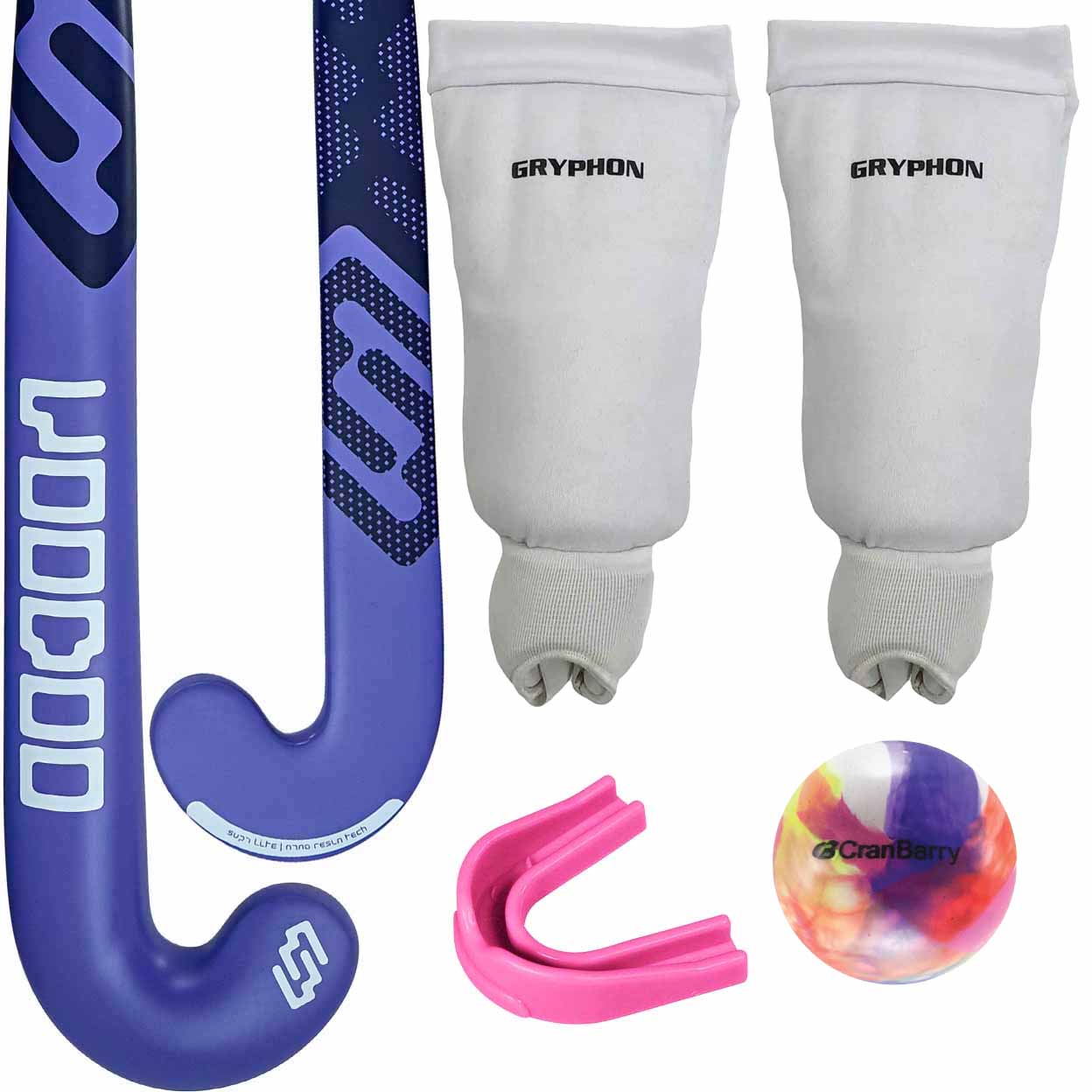 Hockey stick, leg guards, mouthguard, and ball with visible branding on a white background