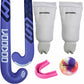 Hockey stick, leg guards, mouthguard, and ball with visible branding on a white background