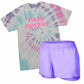Tie-dye t-shirt with 'field hockey' text and purple shorts on a white background