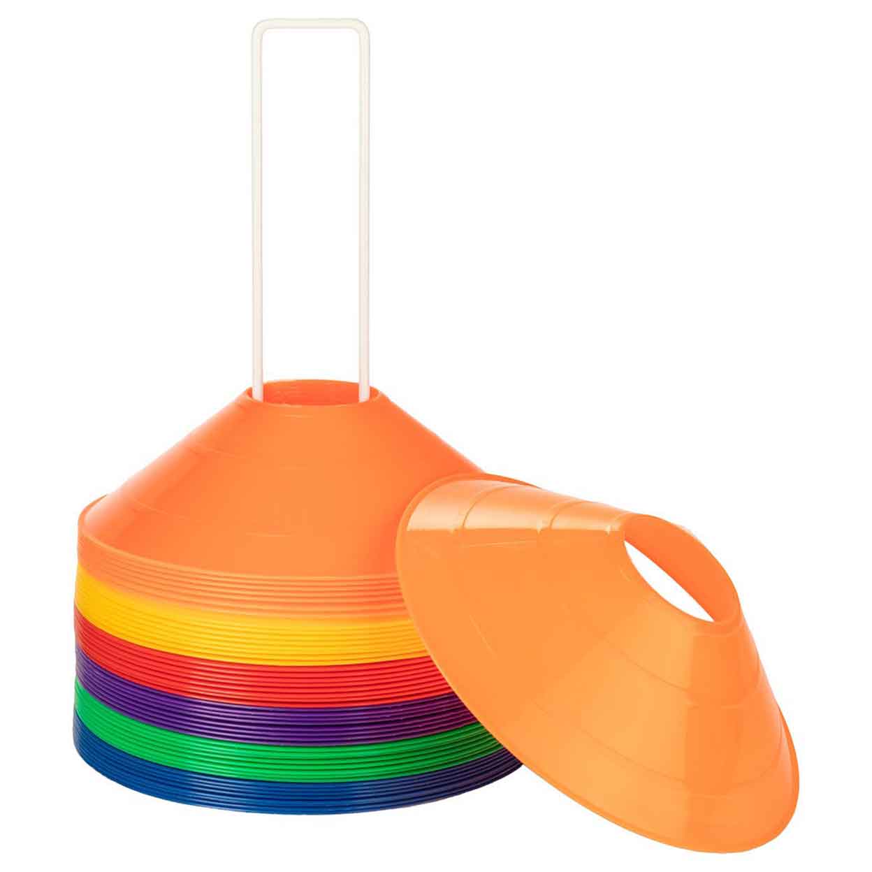 Disc Cone Carrier with multi-colored cones and a single orange cone leaning against the carrier