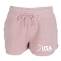 Pink USA Field Hockey Fleece Out Shorts with USA logo.