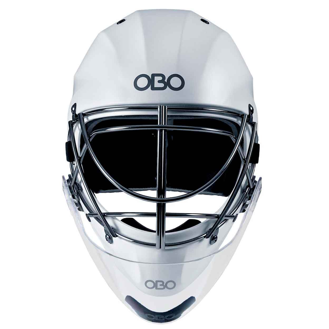 front of the white OBO Robo ABS Goalie Helmet