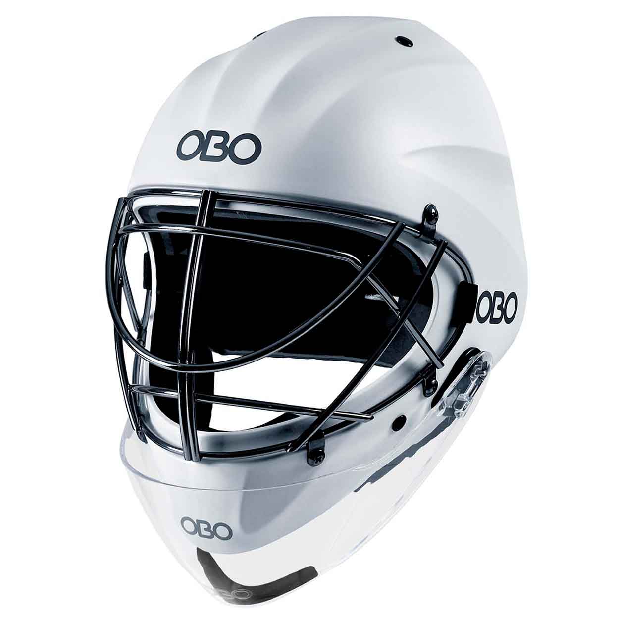 angled view of the white OBO Robo ABS Goalie Helmet