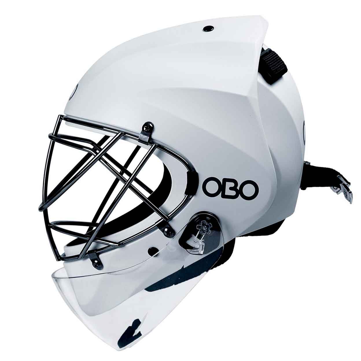 side view of the white OBO Robo ABS Goalie Helmet