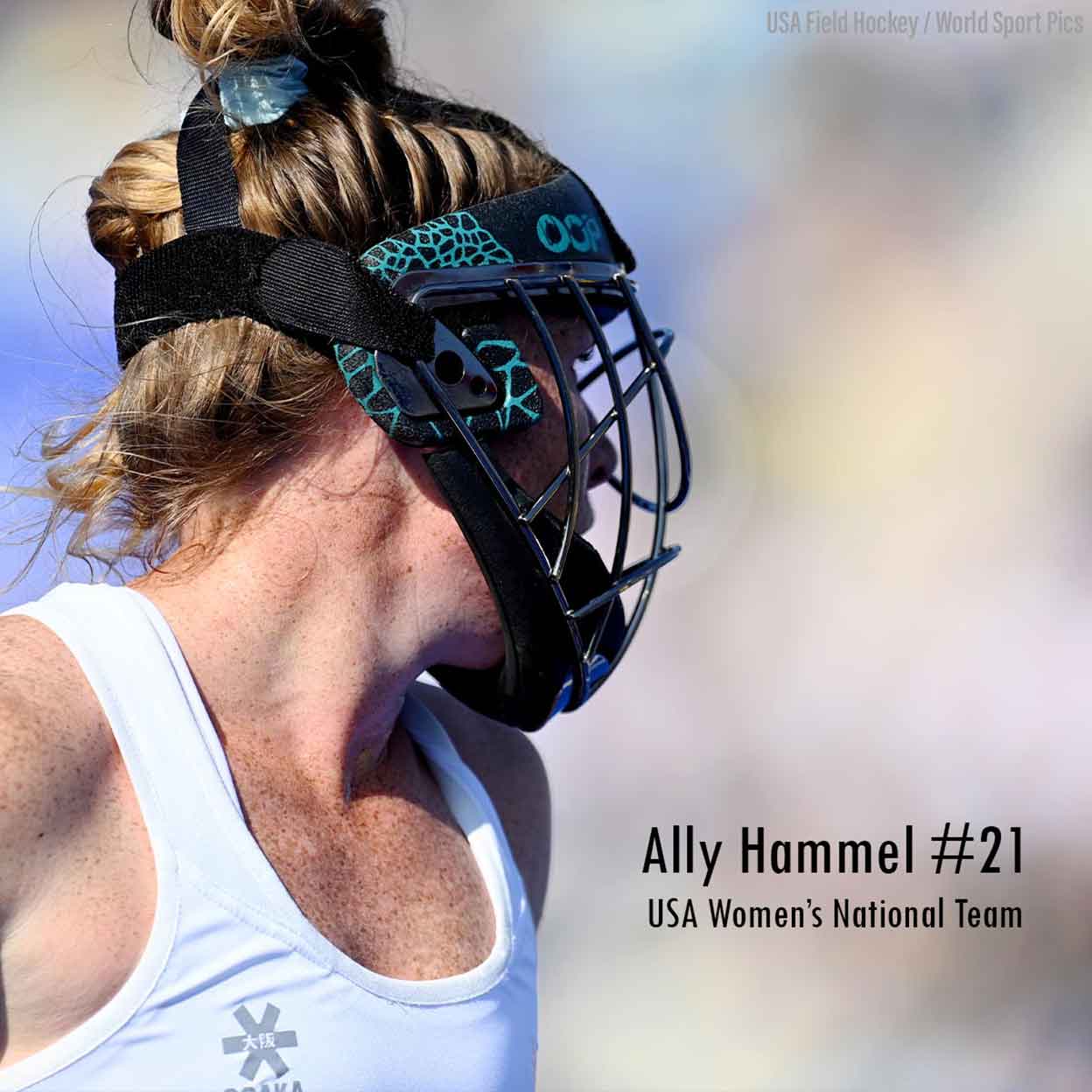 USA field hockey player Ally Hammel wearing the Obo Faceoff Steel Face Mask