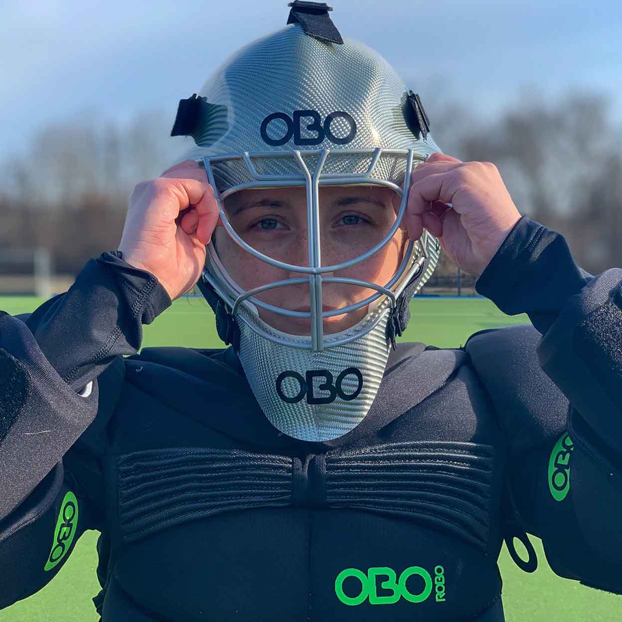 OBO FG Helmet on a goalie