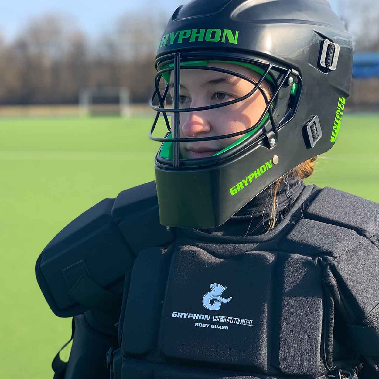 Goalie wearing the Gryphon Sentinel Goalkeeping Helmet