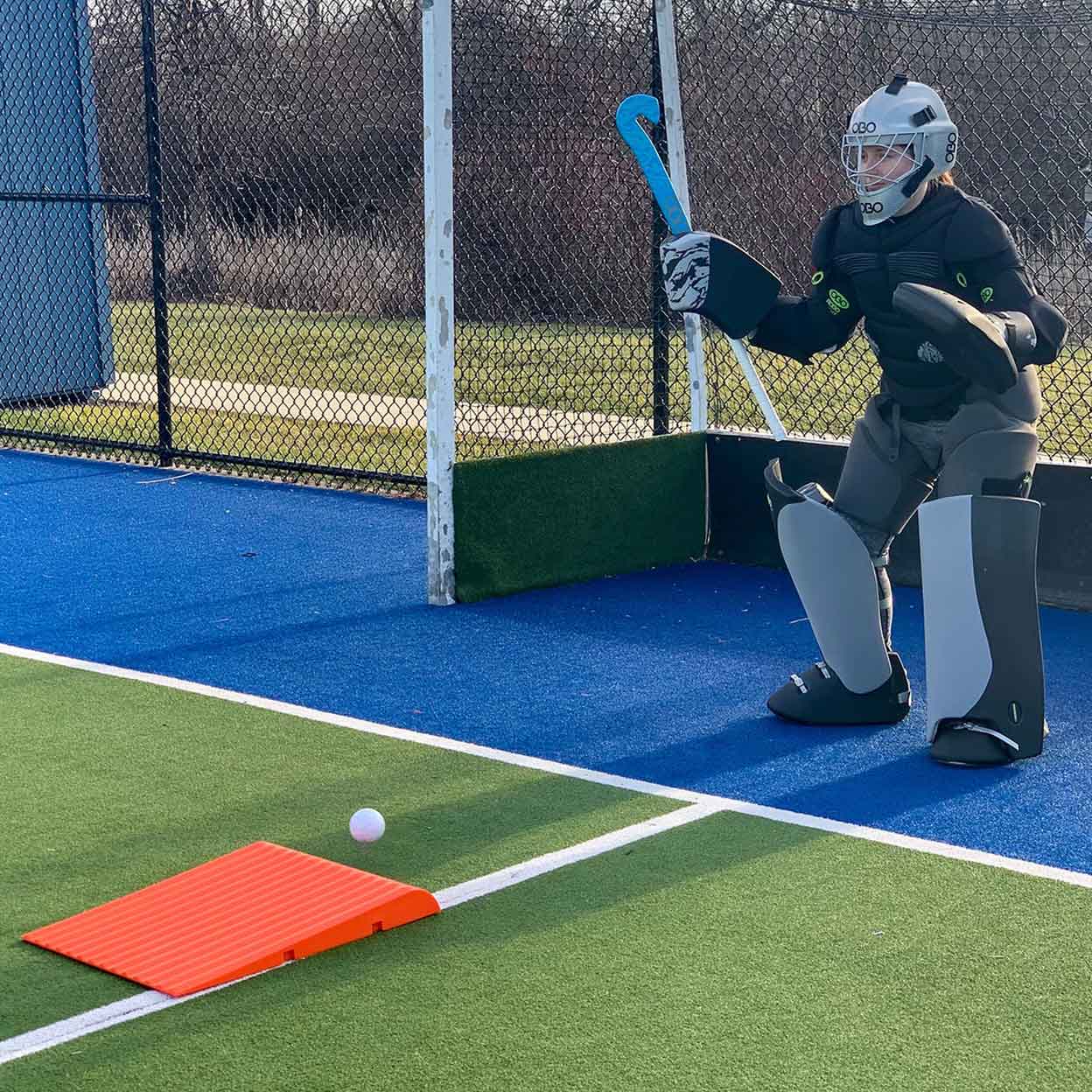 Goalie in full gear with the Katchet Training Aid