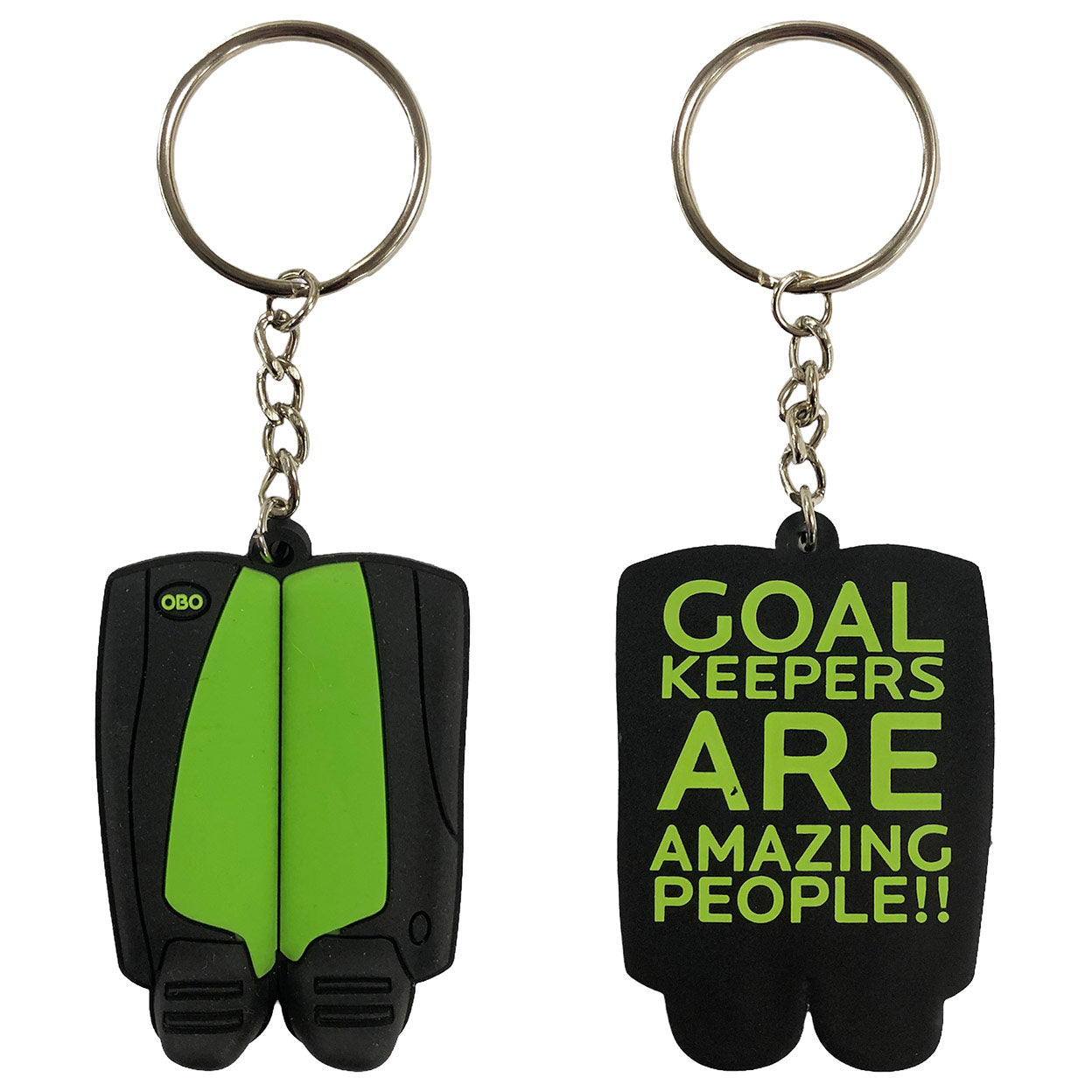 front and back of the black and green OBO Mini Legguards Keychain