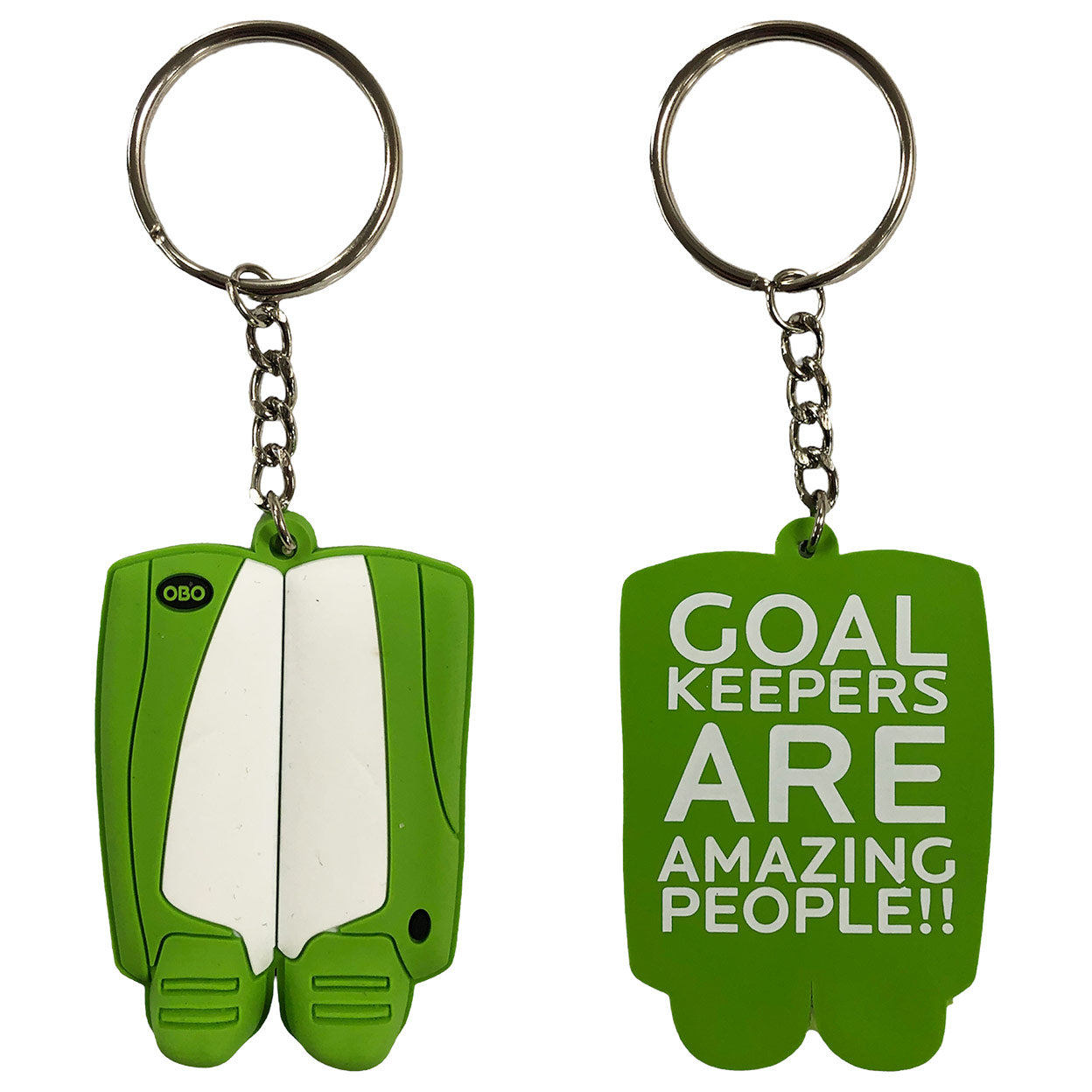 front and back of the green and white OBO Mini Legguards Keychain