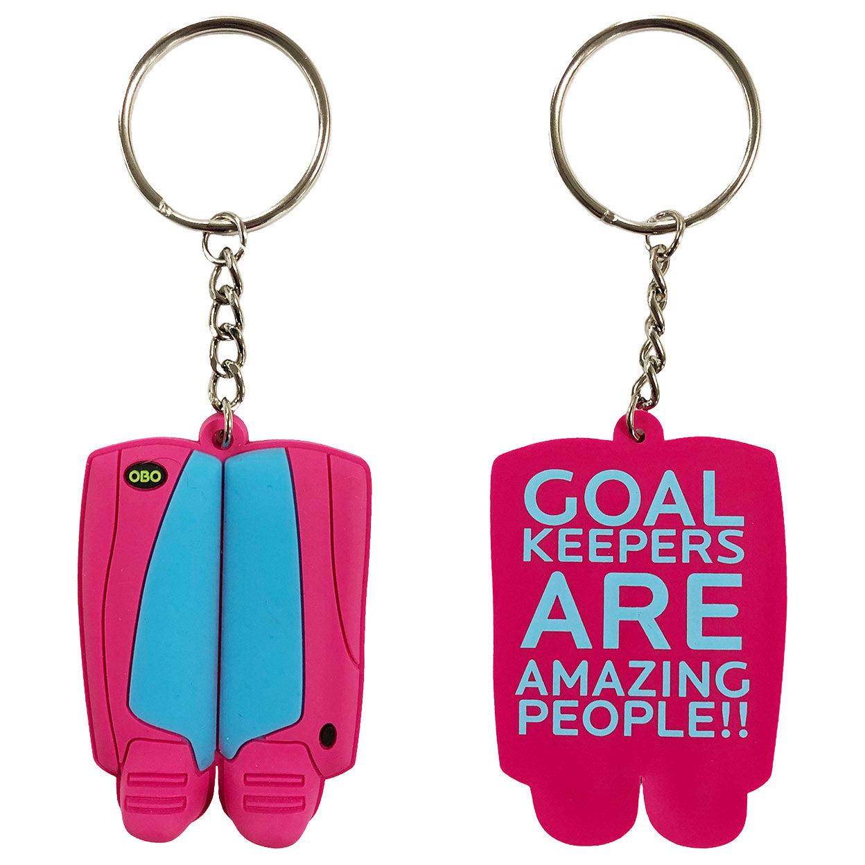 front and back of the pink and blue OBO Mini Legguards Keychain